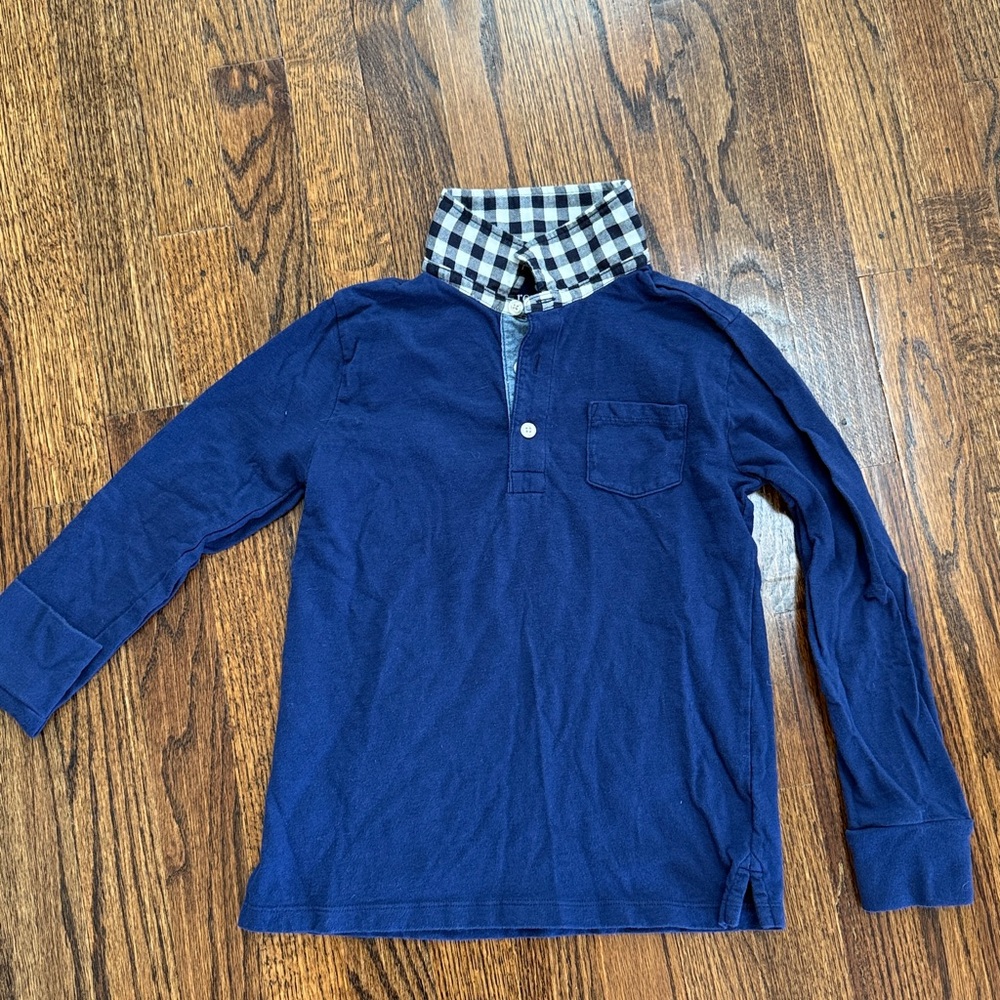 Crewcuts Navy Long Sleeve Shirt with Checkered Collar